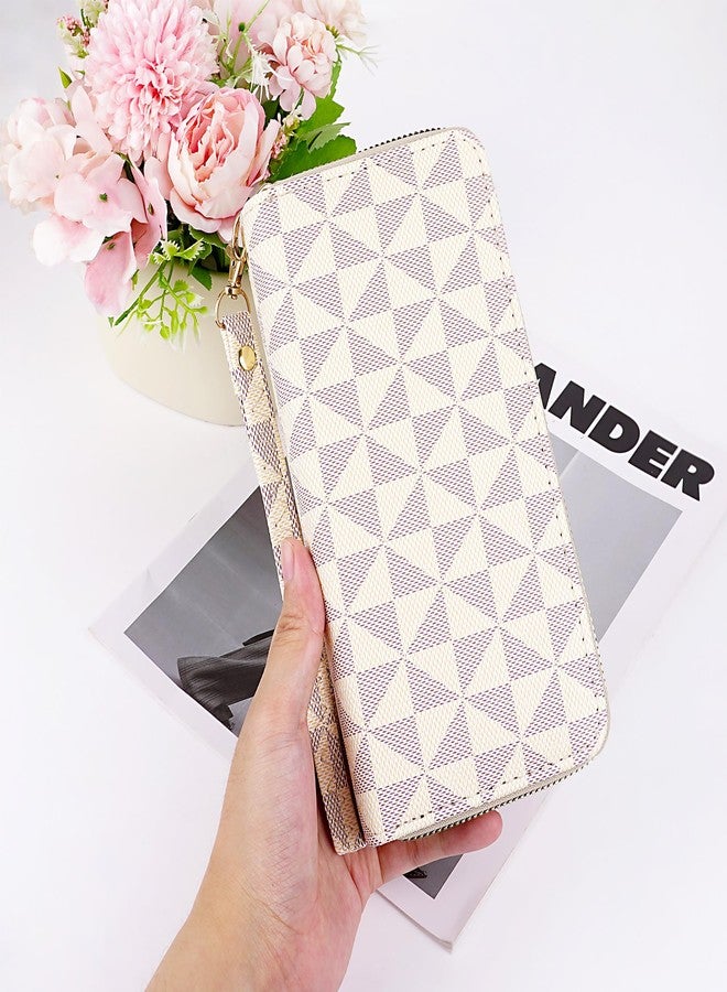BUNCHBRAVO Triangle Pattern Wallet, Double Zipper Pockets, PU Leather Cellphone Purse Credit Card Cash Holder, Beige and Gray Grid - Image 3